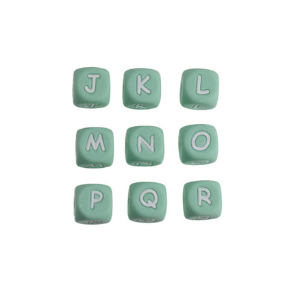 20pcs 12mm Mint-green Silicone Letter Beads White Letters