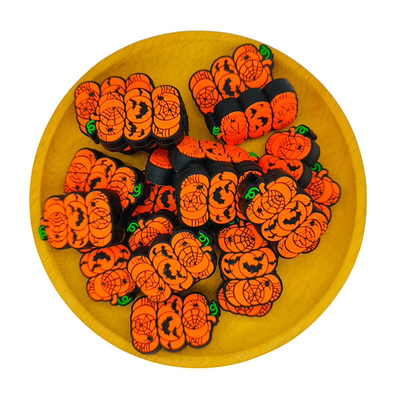 Silicone Focal Beads Halloween Pumpkin Stack with Bat Spider Web Pattern 2