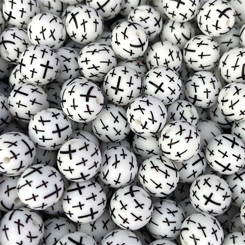 50pcs 15mm Black Cross Print Silicone Beads Printed Design