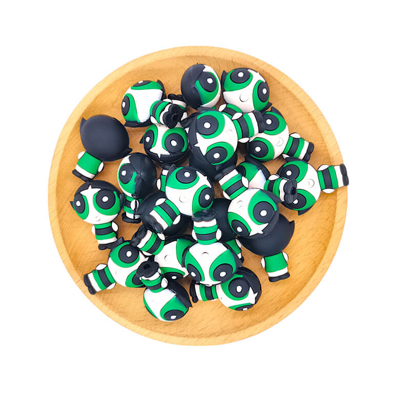 Silicone 3D Focal Beads Green Cartoon Girl Character Front and Back 2