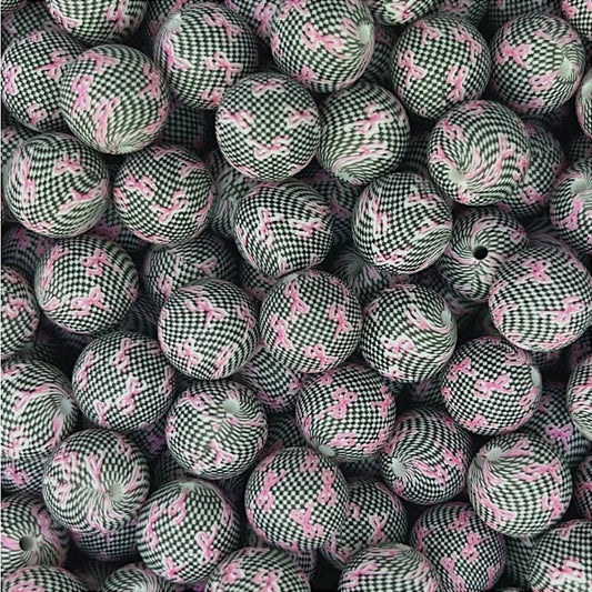50pcs 15mm Black White Plaid Silicone Beads Bow Print