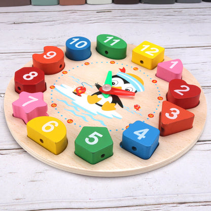 Wooden Penguin Digital Clock Early Education Building Blocks Toy 3