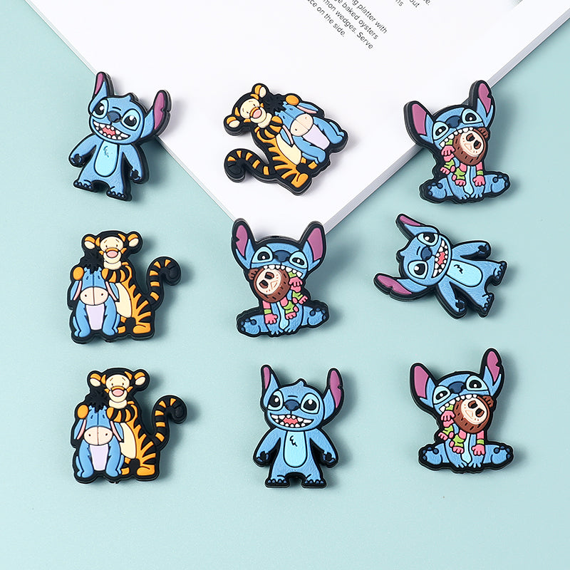 20Pcs Silicone Focal Beads Blue Alien Character Large Ears Sitting Pose and Blue Donkey with Tiger Companion 3