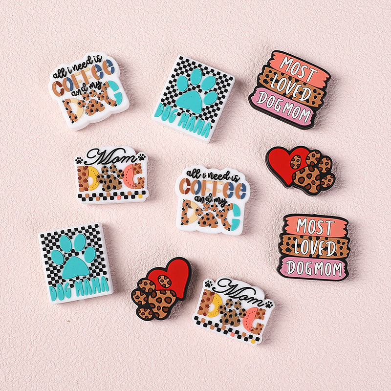Silicone Focal Beads Leopard Dog Mom Series with Text and Paw Prints 2