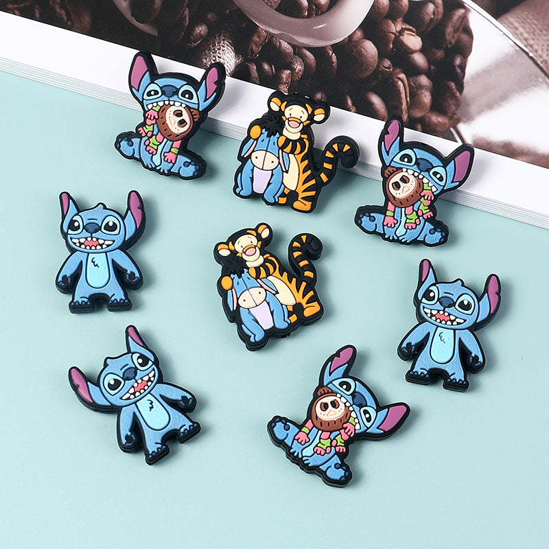 20Pcs Silicone Focal Beads Blue Alien Character Large Ears Sitting Pose and Blue Donkey with Tiger Companion 5