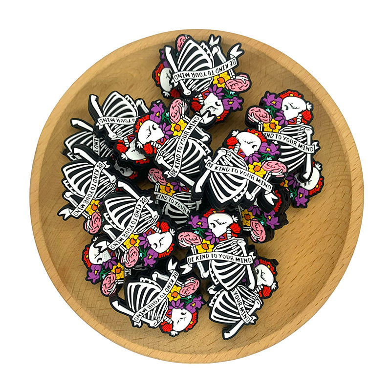 20pcs Silicone Focal Beads Halloween Skeleton Holding Flowers with Banner 2
