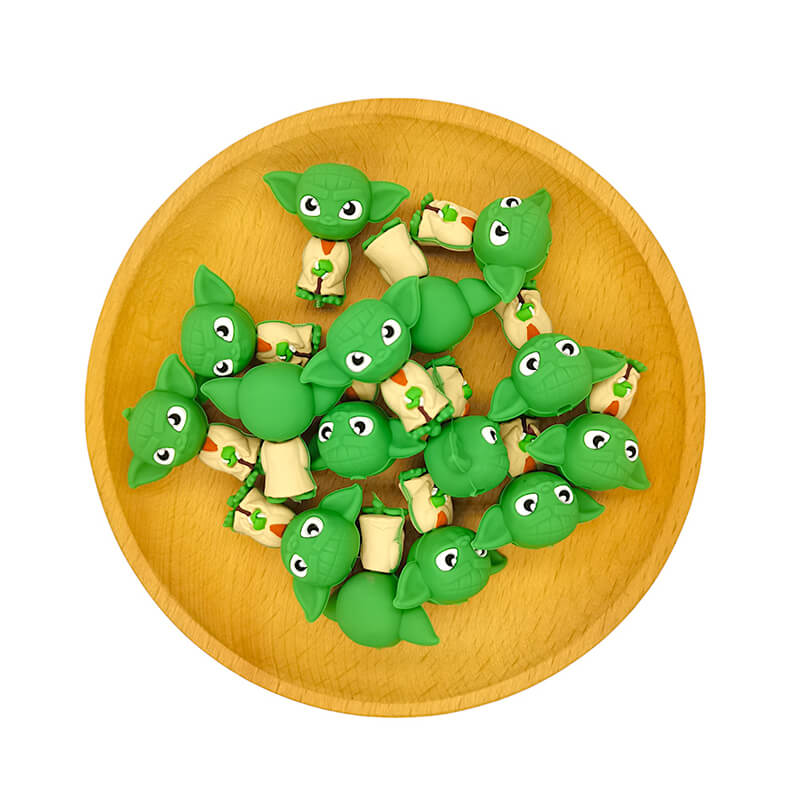Silicone 3D Focal Beads Green Alien Baby Large Ears Holding Cane 2