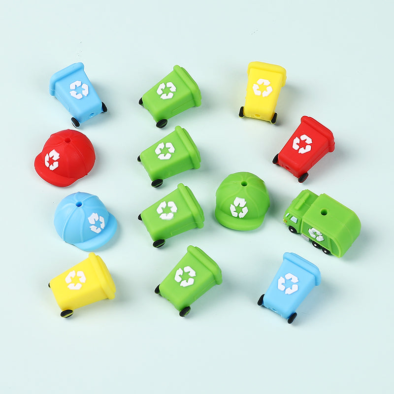Silicone 3D Focal Beads Sanitation Series Recycling Bin and Cap Designs