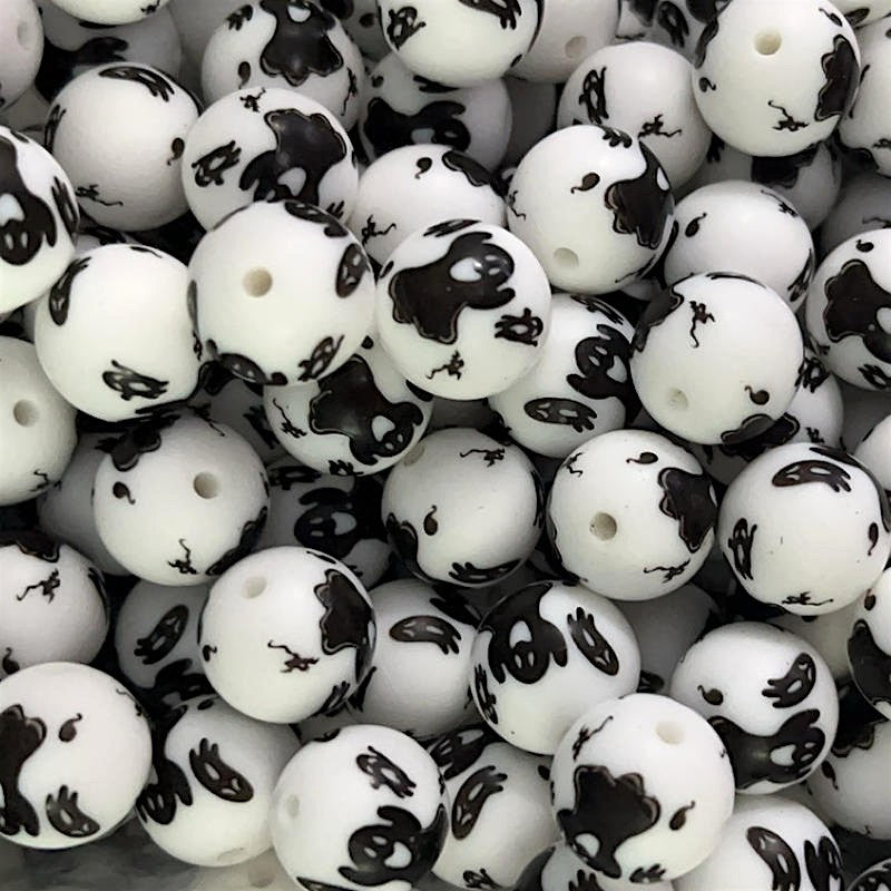 50pcs 15mm Playful Black Ghost Print Silicone Beads