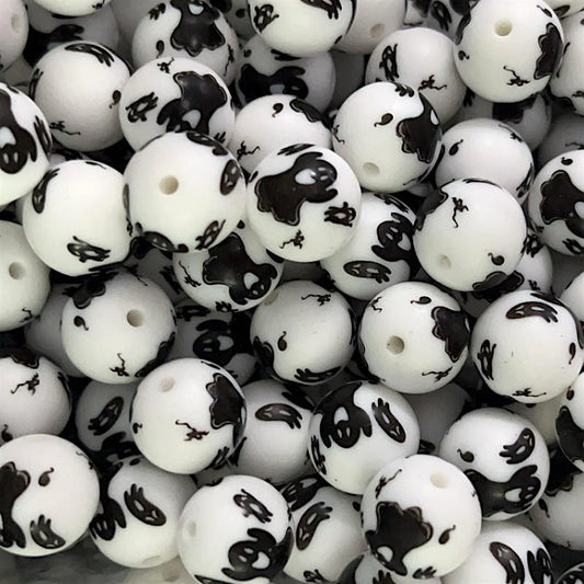 50pcs 15mm Playful Black Ghost Print Silicone Beads