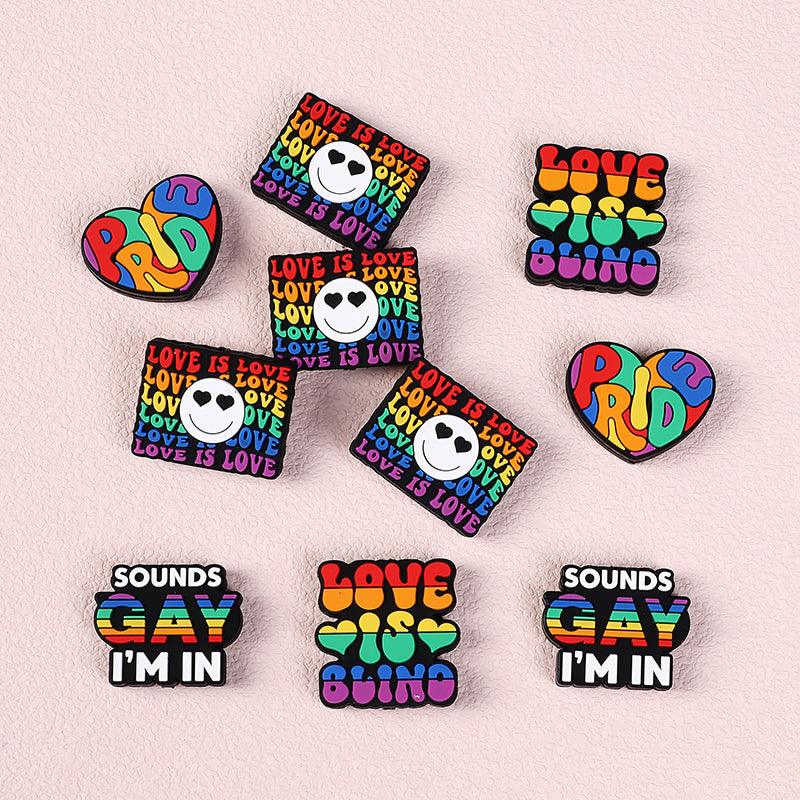 20pcs Silicone Focal Beads Rainbow Pride Theme Colored Heart and Letters 4