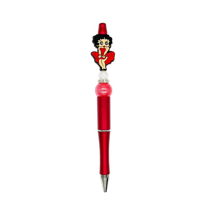 20pcs Silicone Focal Beads Woman with Black Curly Hair Red Dress 2