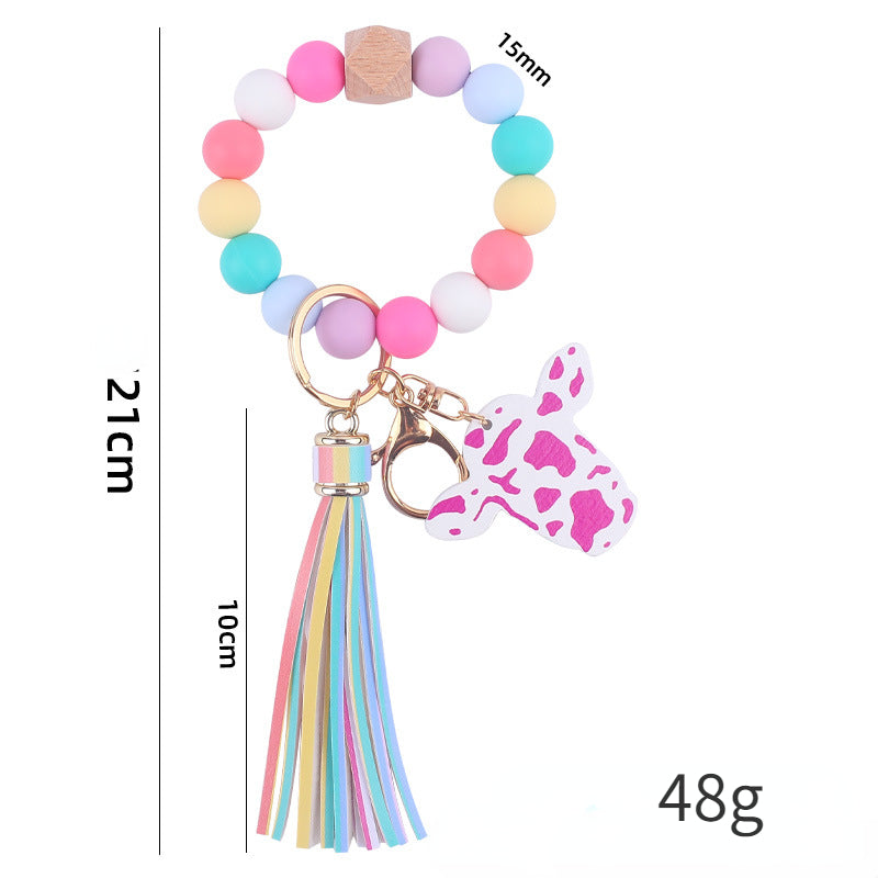 Western Cow Silicone Bead Wristlet Keychain PU Leather Tassel 5