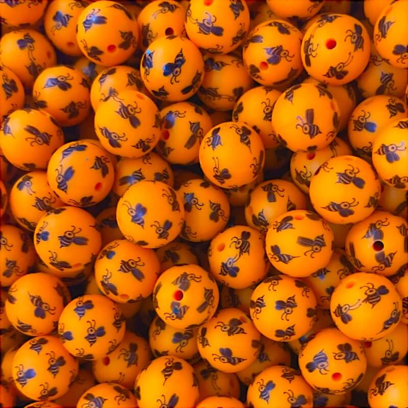50pcs 15mm Bees Print Silicone Beads Orange Yellow White Colors
