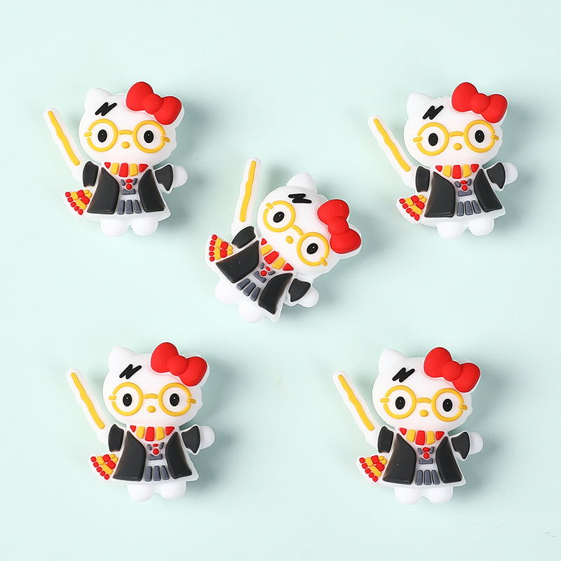 20Pcs Silicone 3D Focal Beads White Cat Wearing Glasses with Red Bow 6