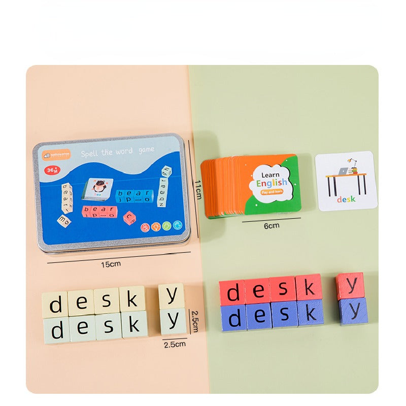 Wooden Montessori Toys English Card Spelling Cube for Kids 8