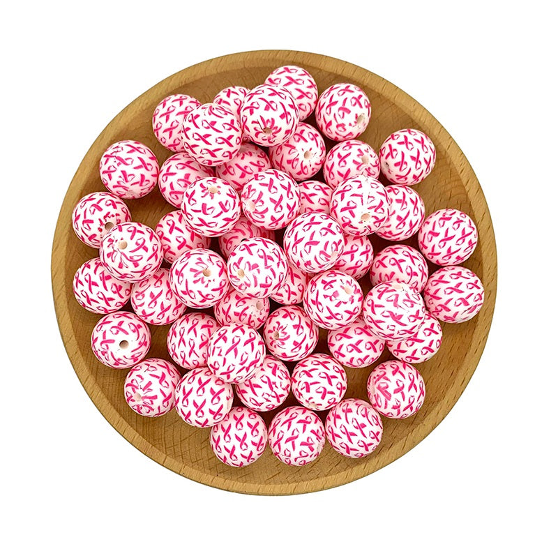 50pcs 15mm Printed Ribbon Silicone Beads Pink Awareness Design