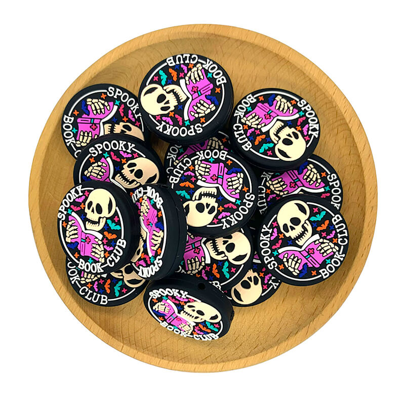 Silicone Focal Beads Spooky Skeleton Reading Book Club Round Shape 2