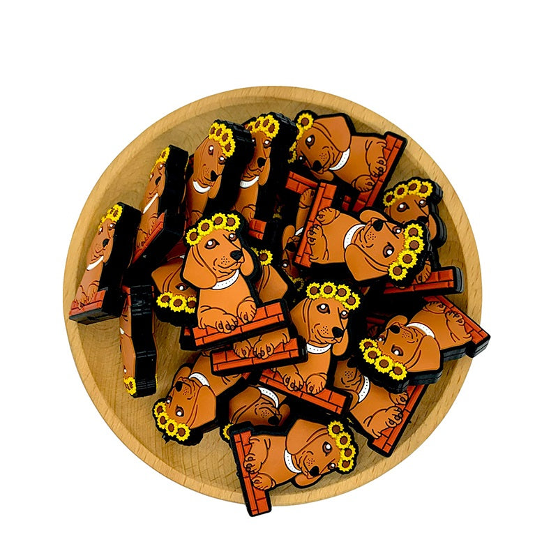 20pcs Silicone Focal Beads Brown Dog with Daisy Flower Crown 2