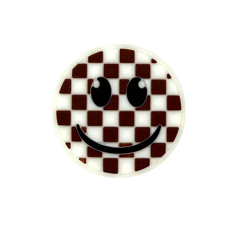 20Pcs Silicone Focal Beads Smiley Face White Brown Checkered Pattern