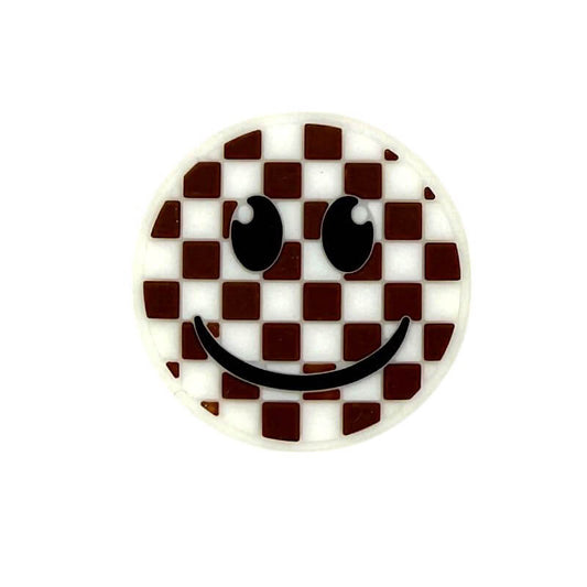 20Pcs Silicone Focal Beads Smiley Face White Brown Checkered Pattern