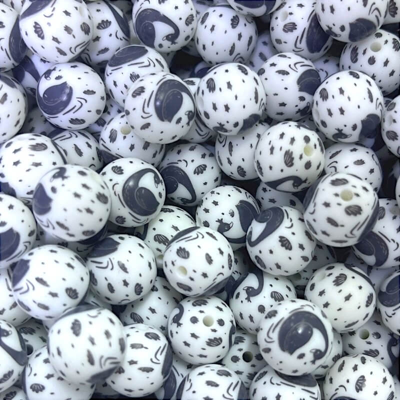 50pcs 15mm Black Swan Silicone Beads Printed Design