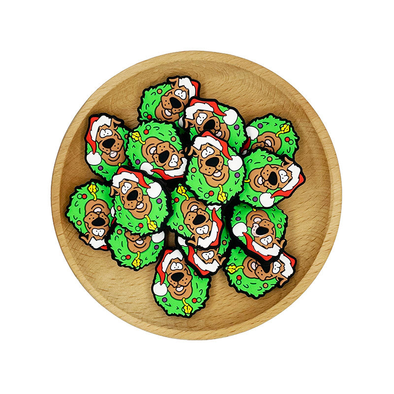 20pcs Silicone Focal Beads Brown Dog Character with Red Santa Hat and Green Wreath 2