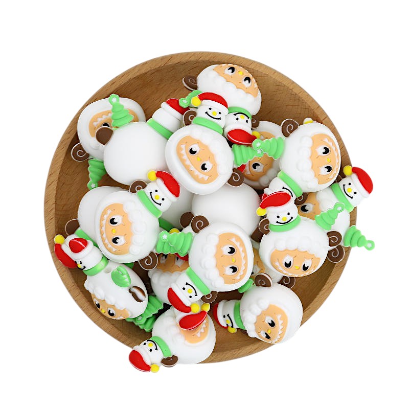 20Pcs Silicone 3D Focal Beads Christmas Snowman Wearing Santa Hat 3