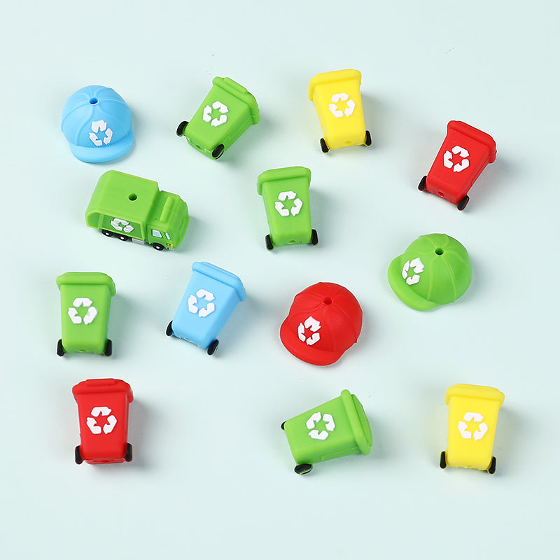Silicone 3D Focal Beads Sanitation Series Recycling Bin and Cap Designs 2
