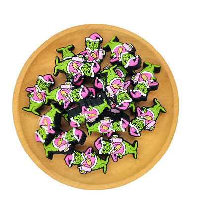 Silicone Focal Beads Green Furry Character Scowling Face Holding Pink Water Bottles 2