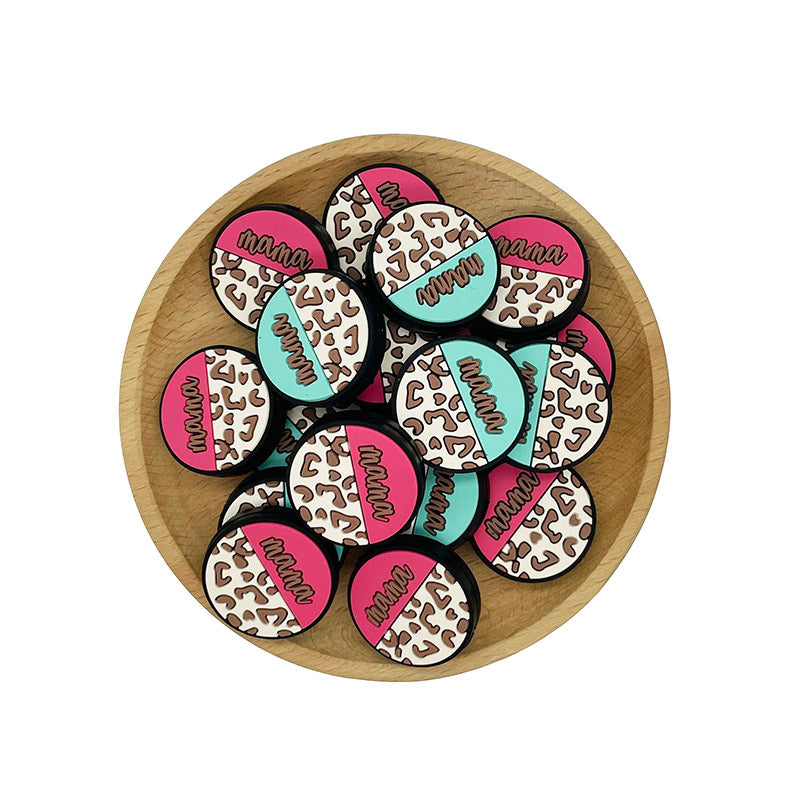 20pcs Silicone Focal Beads Mama Round Leopard Print Half 4