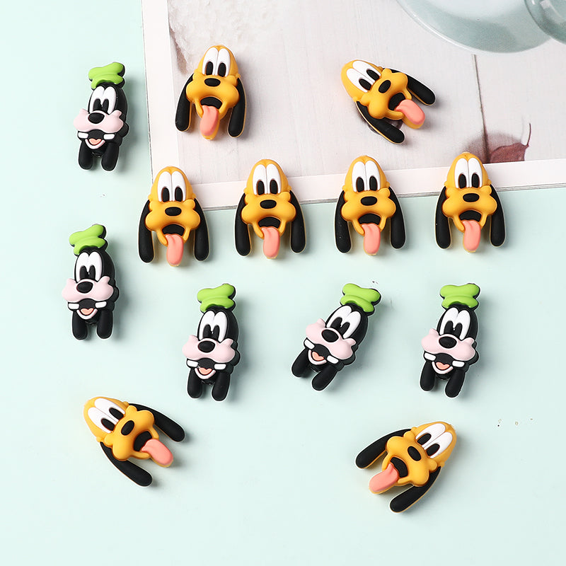 20Pcs Silicone 3D Focal Beads Black Dog Character Wearing Green Hat and Yellow Dog Character Tongue Out 2