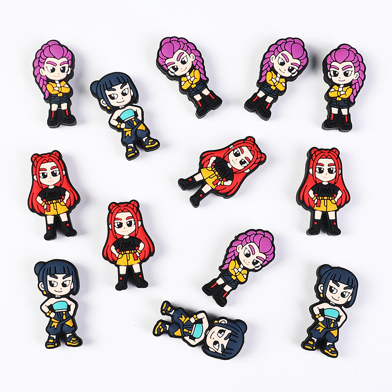 20Pcs Silicone Focal Beads Girl Characters Standing Pose with Colorful Hair 5