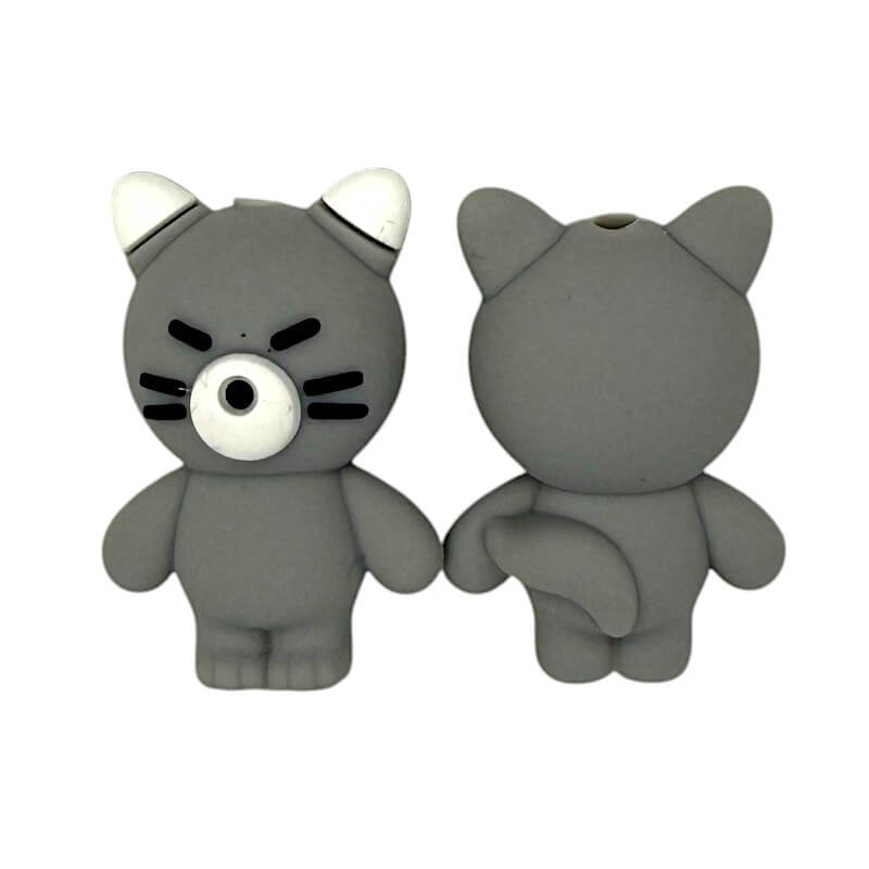 20Pcs Silicone 3D Focal Beads Grey Cat Front Facing