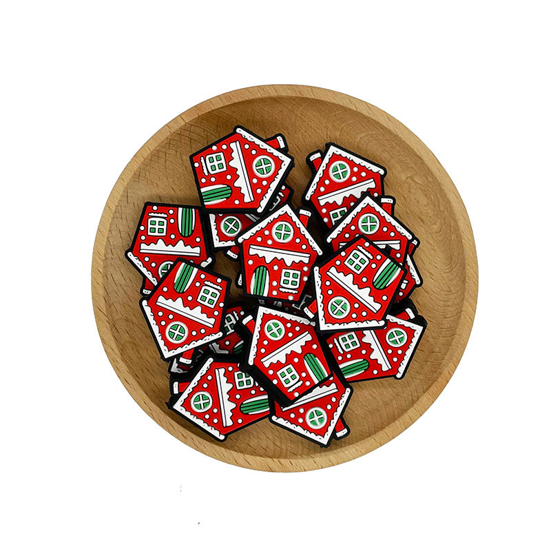 20pcs Silicone Focal Beads Christmas Gingerbread House Red Design 2