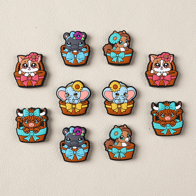 Silicone 3D Focal Beads Cartoon Basket Animals Sitting in Woven Basket