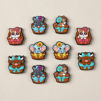 Silicone 3D Focal Beads Cartoon Basket Animals Sitting in Woven Basket