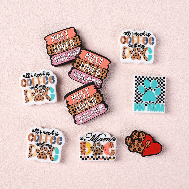 Silicone Focal Beads Leopard Dog Mom Series with Text and Paw Prints 7