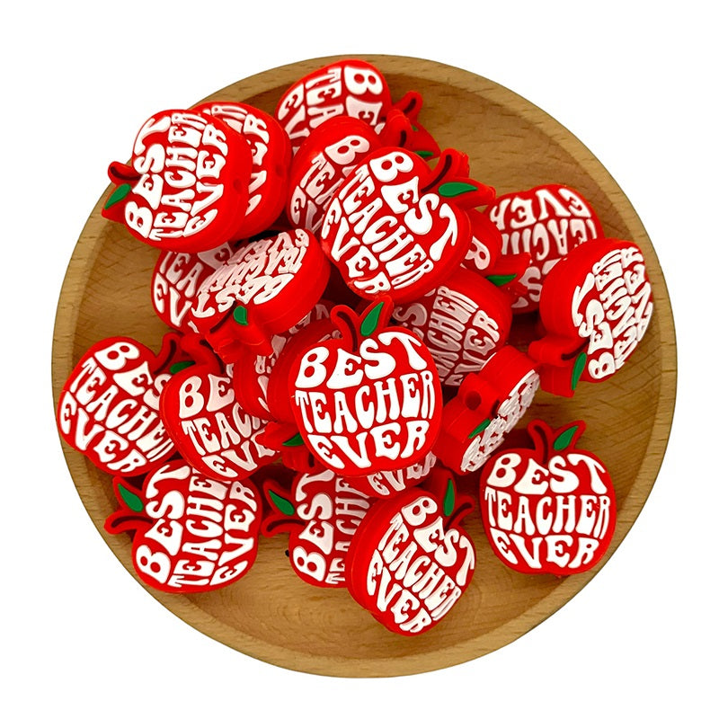 20pcs Silicone Focal Beads Teacher Apple with Printed Best Teacher Ever Text 2