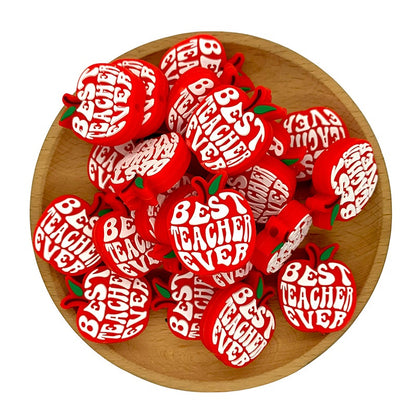 20pcs Silicone Focal Beads Teacher Apple with Printed Best Teacher Ever Text 2
