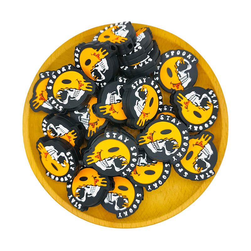 Silicone Focal Beads Stay Spooky Smiley Face Skull Drip Design 2