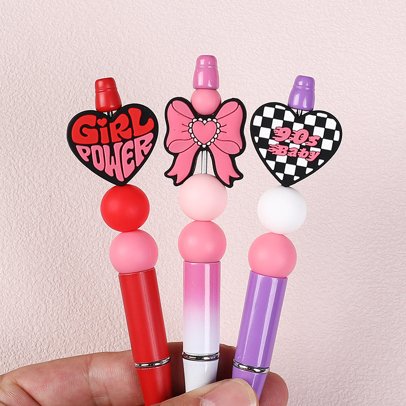 20pcs Silicone Focal Beads Pink Theme Heart Bow Checkered Designs 7