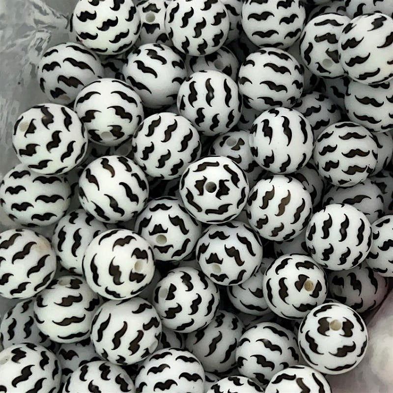 50pcs 15mm Black Beard Print Silicone Beads Printed Design