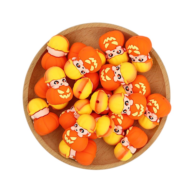20Pcs Silicone 3D Focal Beads Halloween Pumpkin Dolls Front Facing 3