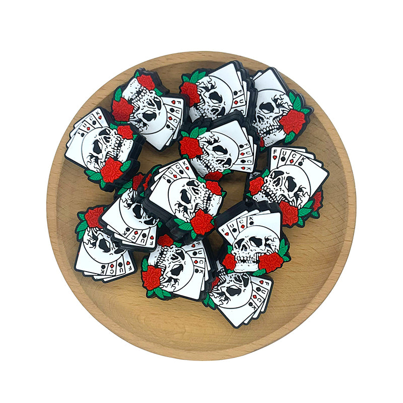 20pcs Silicone Focal Beads Halloween Skull Head with Playing Cards and Roses 2