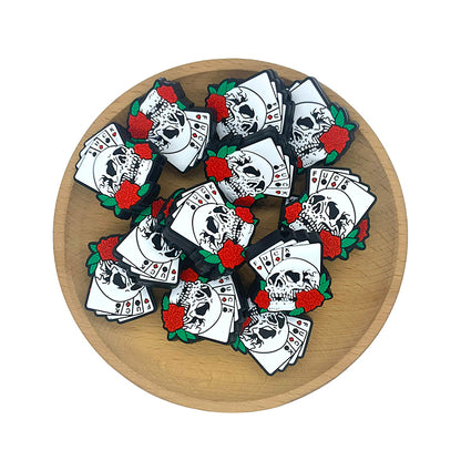20pcs Silicone Focal Beads Halloween Skull Head with Playing Cards and Roses 2