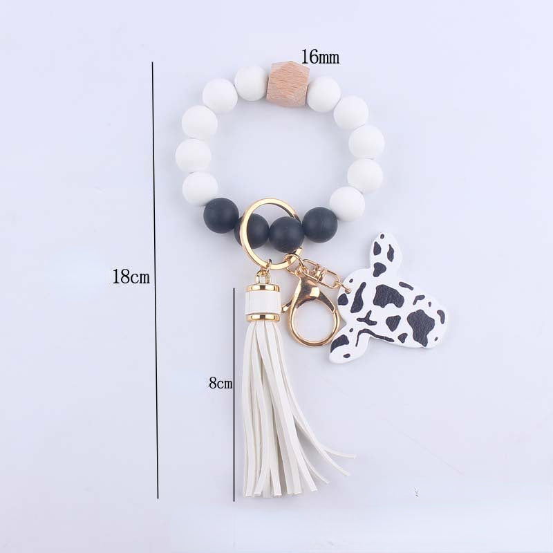 Western Cow Silicone Bead Wristlet Keychain PU Leather Tassel 5