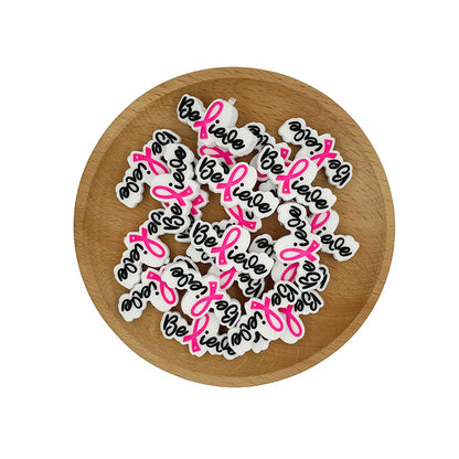 20pcs Silicone Focal Beads Ribbon Letter with Pink Ribbon Detail 3