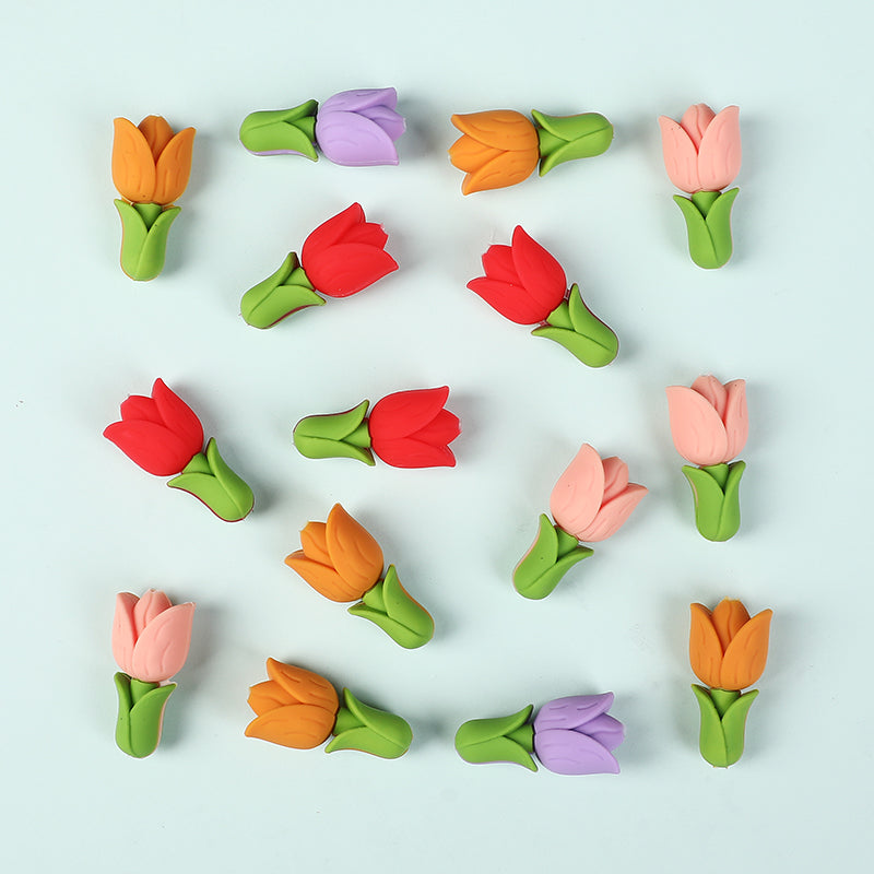 20Pcs Silicone 3D Focal Beads Tulip Flower with Green Leaves 4