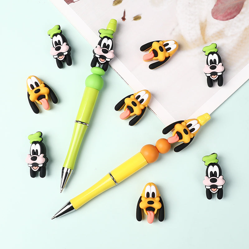 20Pcs Silicone 3D Focal Beads Black Dog Character Wearing Green Hat and Yellow Dog Character Tongue Out 6